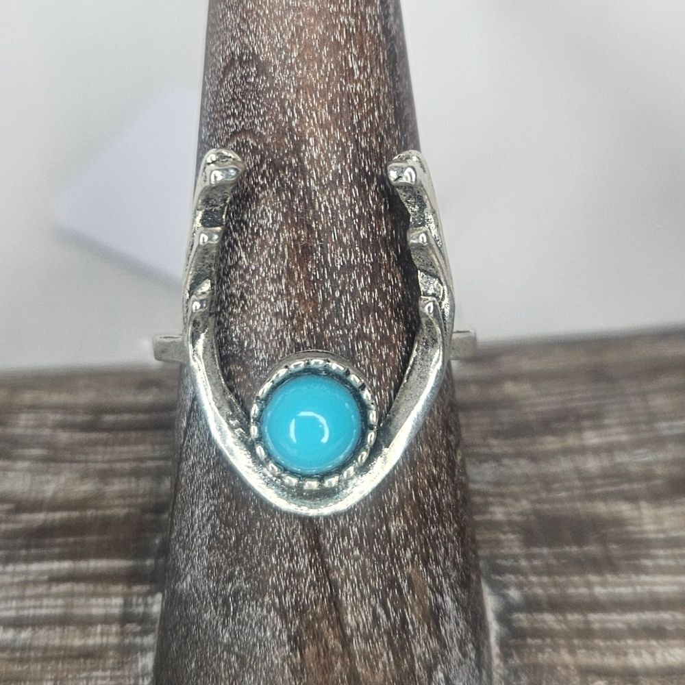 Antler And Faux Turquoise Silver Tone Fashion Ring Sz 7.5 NWT